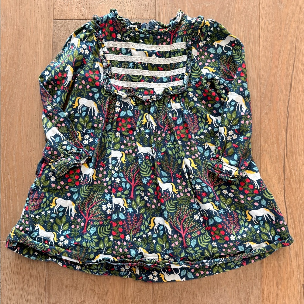 Mini Boden Floral Unicorn Kids Dress Multicolor. Size 2-3 years old